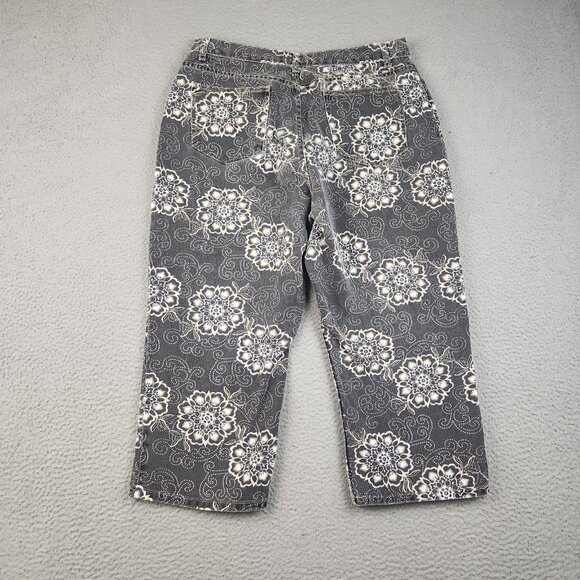 Vintage White Black Floral AOP High Rise Straight Leg Jeans Womens 16 Capri Pant - Picture 2 of 9